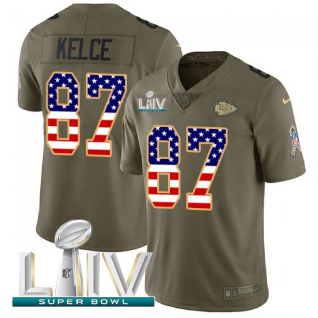 Nike Chiefs #87 Travis Kelce Olive/USA Flag Super Bowl LIV 2020 Men's Stitched NFL Limited 2017 Salute To Service Jersey