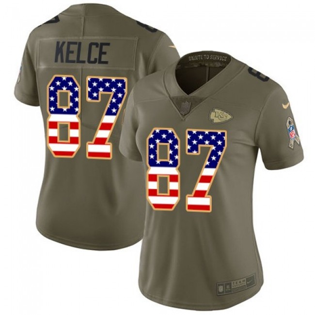 Women's Chiefs #87 Travis Kelce Olive USA Flag Stitched NFL Limited 2017 Salute to Service Jersey