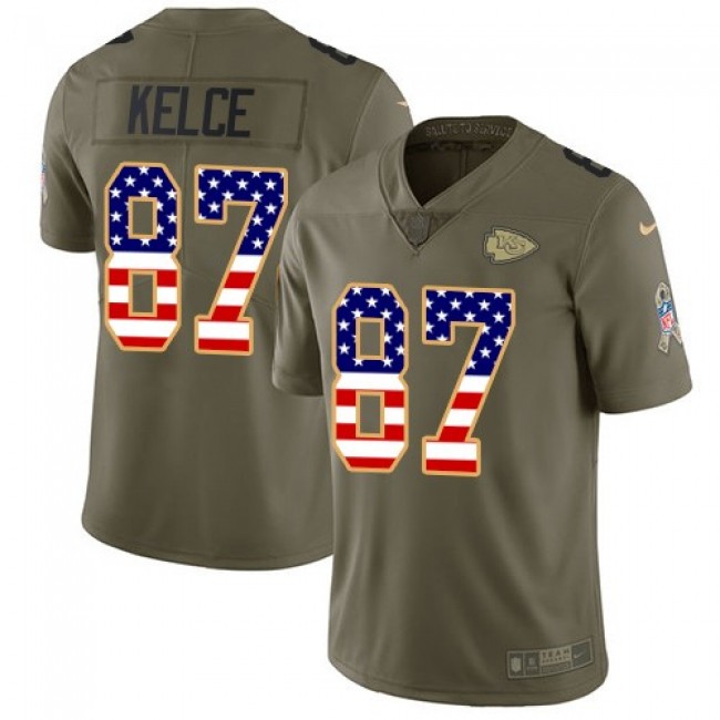 Kansas City Chiefs #87 Travis Kelce Olive-USA Flag Youth Stitched NFL Limited 2017 Salute to Service Jersey