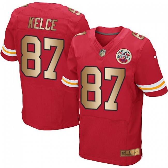 Nike Chiefs #87 Travis Kelce Red Team Color Men's Stitched NFL Elite Gold Jersey