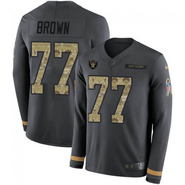 Nike Raiders #77 Trent Brown Anthracite Salute to Service Men's Stitched NFL Limited Therma Long Sleeve Jersey