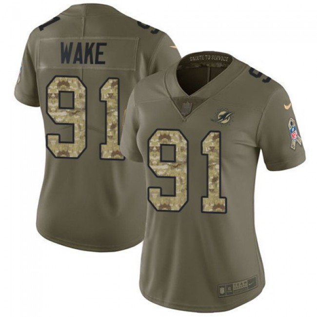 Women's Dolphins #91 Cameron Wake Olive Camo Stitched NFL Limited 2017 Salute to Service Jersey