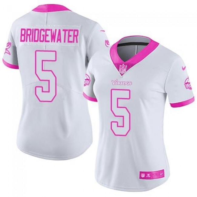 Women's Vikings #5 Teddy Bridgewater White Pink Stitched NFL Limited Rush Jersey