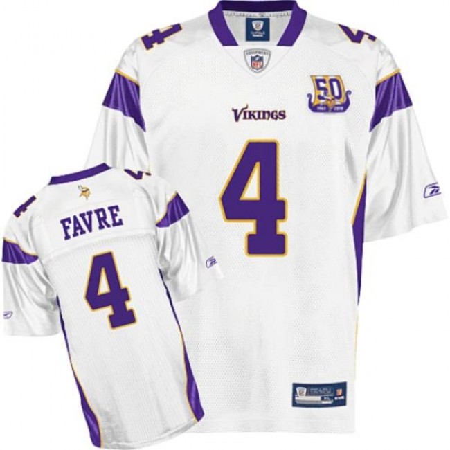 Vikings #4 Brett Favre White Team 50TH Patch Stitched NFL Jersey