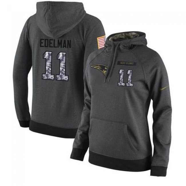 Women's NFL New England Patriots #11 Julian Edelman Stitched Black Anthracite Salute to Service Player Hoodie Jersey