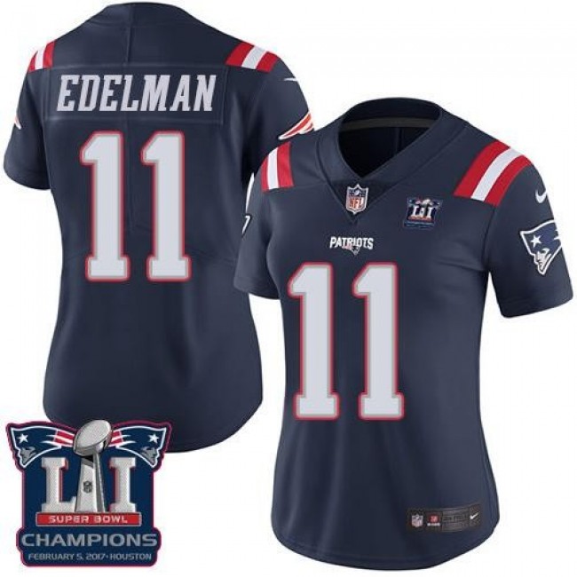Women's Patriots #11 Julian Edelman Navy Blue Super Bowl LI Champions Stitched NFL Limited Rush Jersey