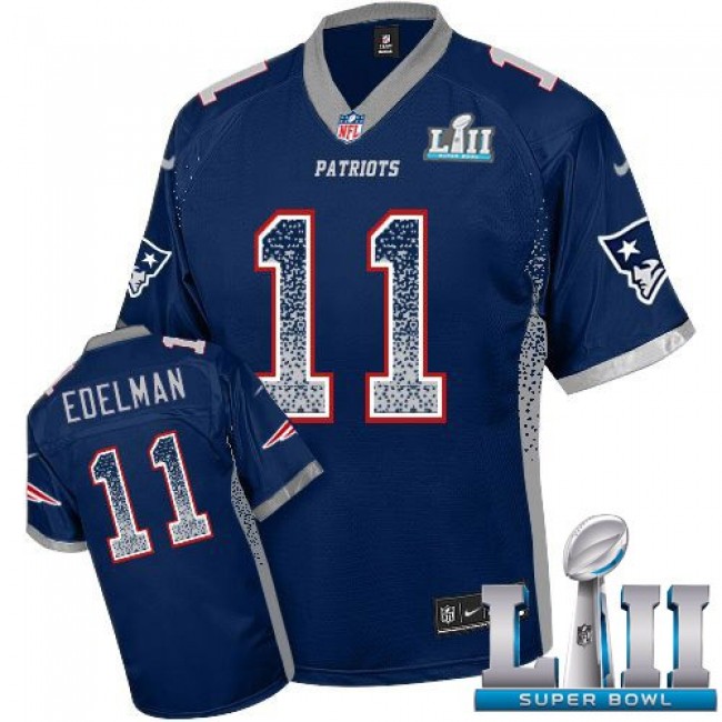 New England Patriots #11 Julian Edelman Navy Blue Team Color Super Bowl LII Youth Stitched NFL Elite Drift Fashion Jersey