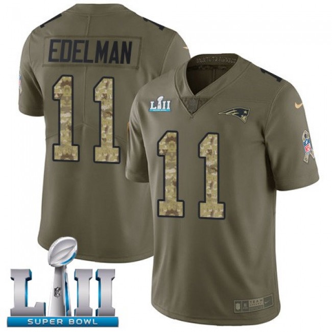 New England Patriots #11 Julian Edelman Olive-Camo Super Bowl LII Youth Stitched NFL Limited 2017 Salute to Service Jersey