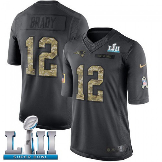 New England Patriots #12 Tom Brady Black Super Bowl LII Youth Stitched NFL Limited 2016 Salute to Service Jersey