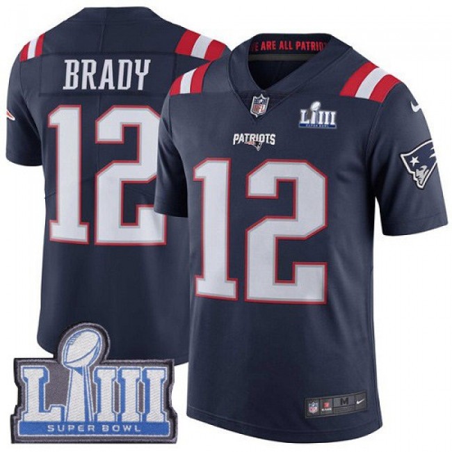 Nike Patriots #12 Tom Brady Navy Blue Super Bowl LIII Bound Men's Stitched NFL Limited Rush Jersey