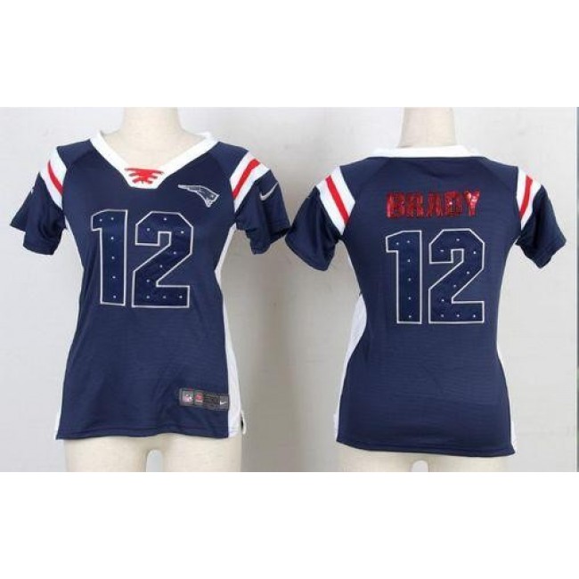 Women's Patriots #12 Tom Brady Navy Blue Stitched NFL Elite Draft Him Shimmer Jersey