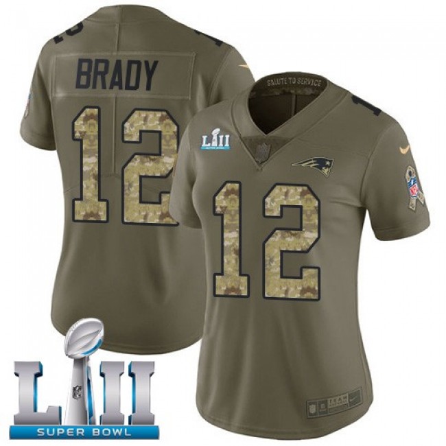 Women's Patriots #12 Tom Brady Olive Camo Super Bowl LII Stitched NFL Limited 2017 Salute to Service Jersey