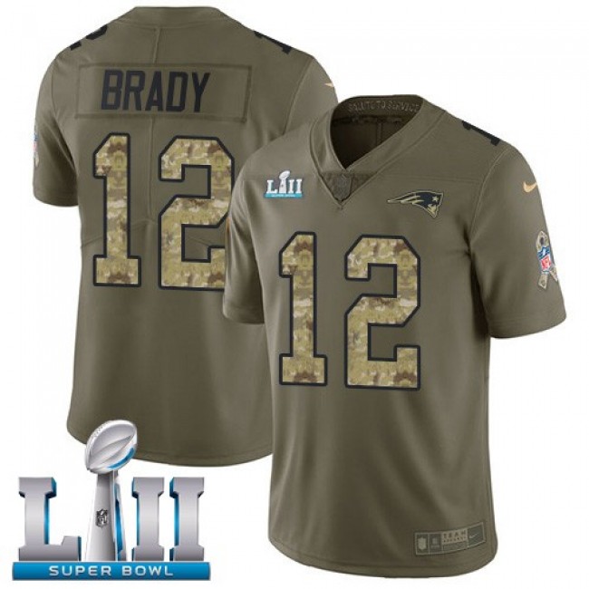 New England Patriots #12 Tom Brady Olive-Camo Super Bowl LII Youth Stitched NFL Limited 2017 Salute to Service Jersey