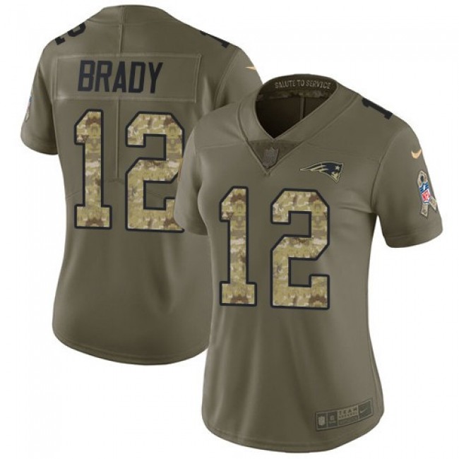 Women's Patriots #12 Tom Brady Olive Camo Stitched NFL Limited 2017 Salute to Service Jersey