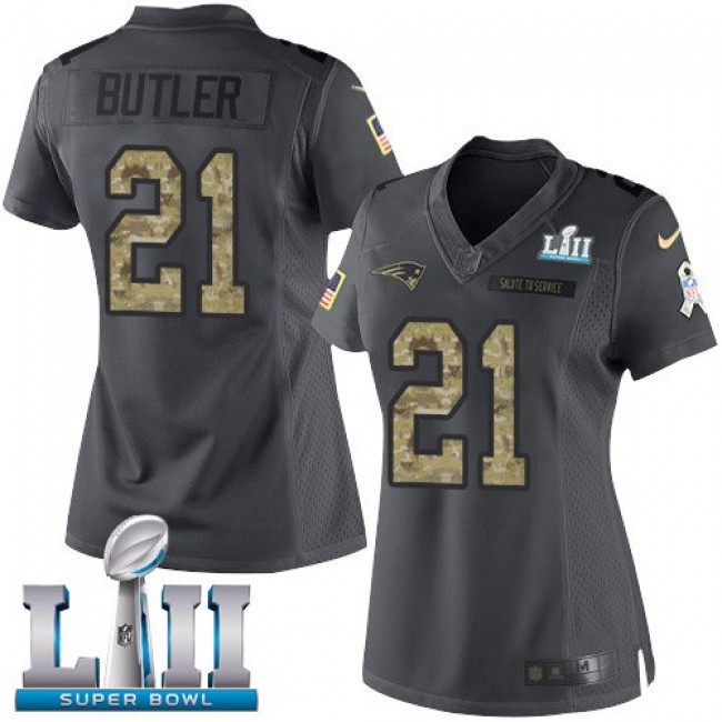 Women's Patriots #21 Malcolm Butler Black Super Bowl LII Stitched NFL Limited 2016 Salute to Service Jersey