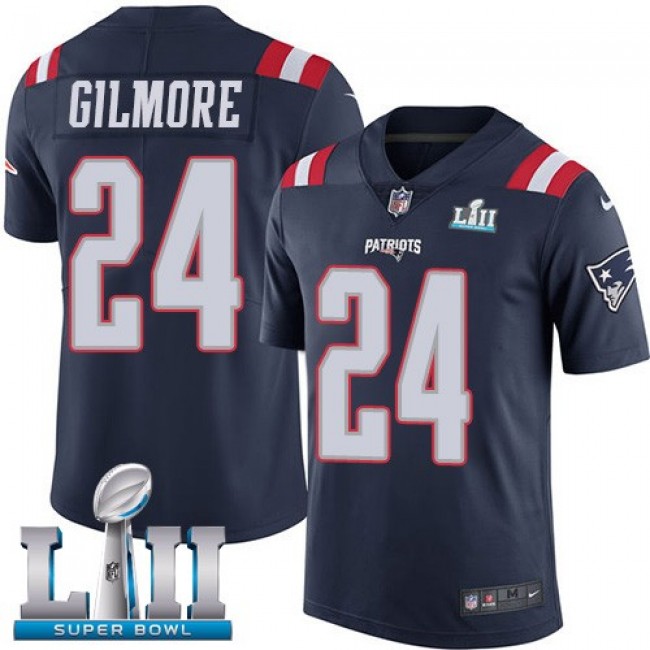 New England Patriots #24 Stephon Gilmore Navy Blue Super Bowl LII Youth Stitched NFL Limited Rush Jersey