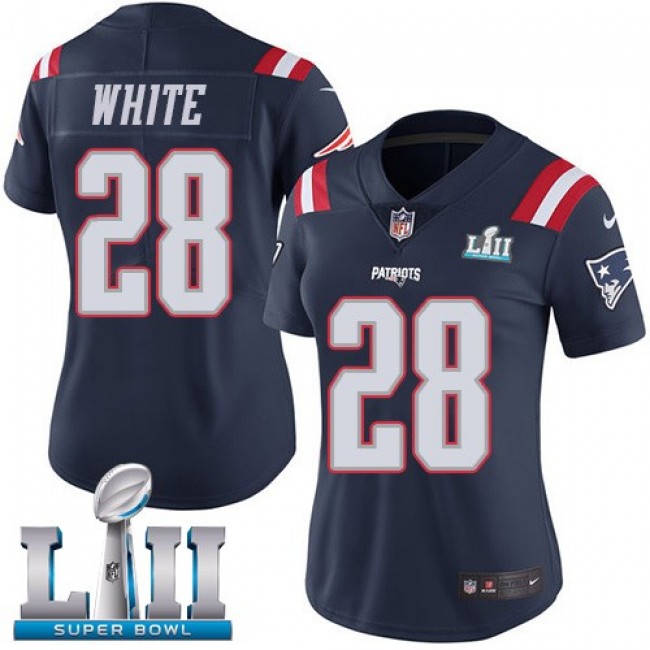 Women's Patriots #28 James White Navy Blue Super Bowl LII Stitched NFL Limited Rush Jersey