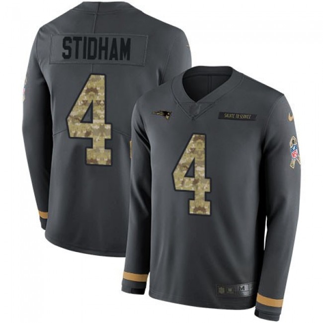 Nike Patriots #4 Jarrett Stidham Anthracite Salute to Service Men's Stitched NFL Limited Therma Long Sleeve Jersey