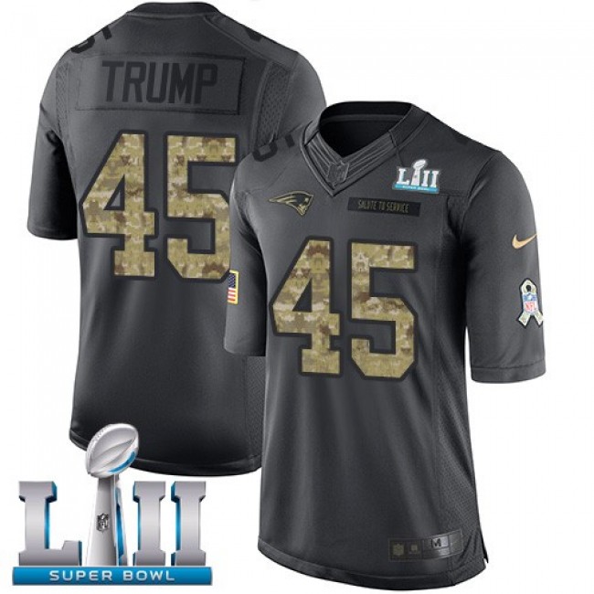 New England Patriots #45 Donald Trump Black Super Bowl LII Youth Stitched NFL Limited 2016 Salute to Service Jersey