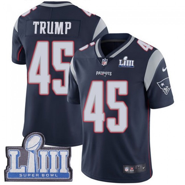 Nike Patriots #45 Donald Trump Navy Blue Team Color Super Bowl LIII Bound Men's Stitched NFL Vapor Untouchable Limited Jersey