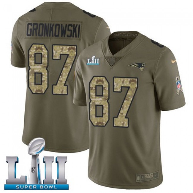 New England Patriots #87 Rob Gronkowski Olive-Camo Super Bowl LII Youth Stitched NFL Limited 2017 Salute to Service Jersey