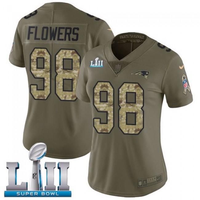 Women's Patriots #98 Trey Flowers Olive Camo Super Bowl LII Stitched NFL Limited 2017 Salute to Service Jersey