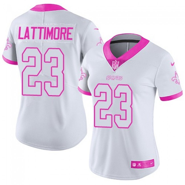 Women's Saints #23 Marshon Lattimore White Pink Stitched NFL Limited Rush Jersey