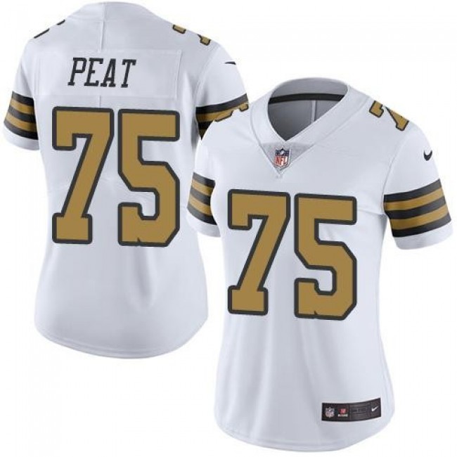 Women's Saints #75 Andrus Peat White Stitched NFL Limited Rush Jersey