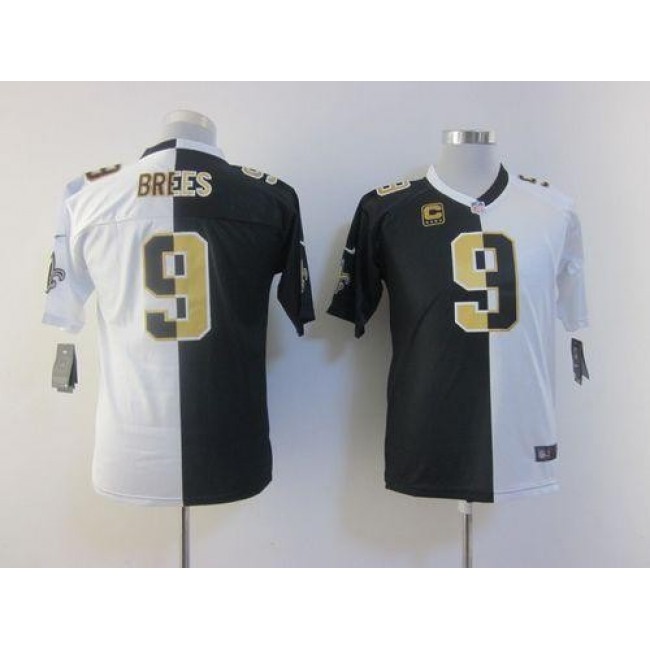New Orleans Saints #9 Drew Brees Black-White Youth Stitched NFL Elite Split Jersey