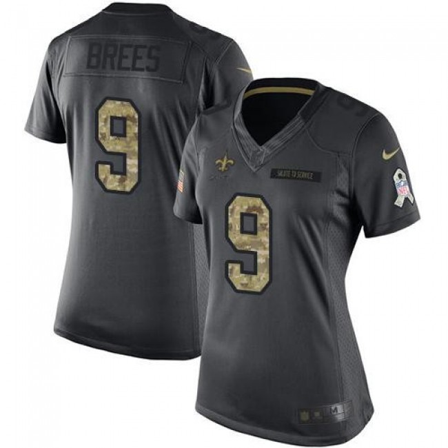 Women's Saints #9 Drew Brees Black Stitched NFL Limited 2016 Salute to Service Jersey