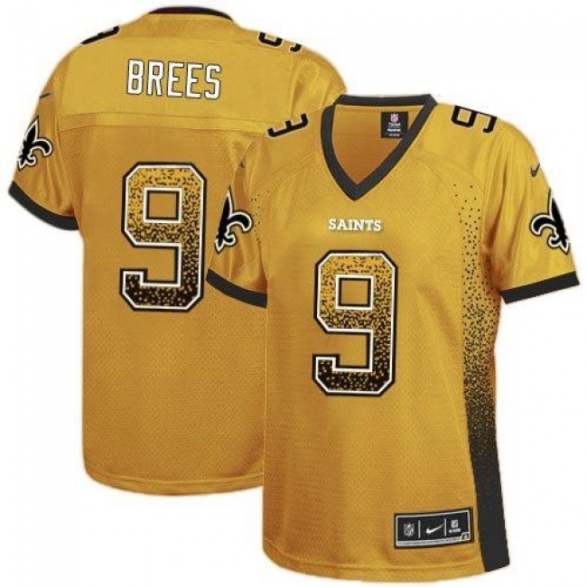 Women's Saints #9 Drew Brees Gold Stitched NFL Elite Drift Jersey