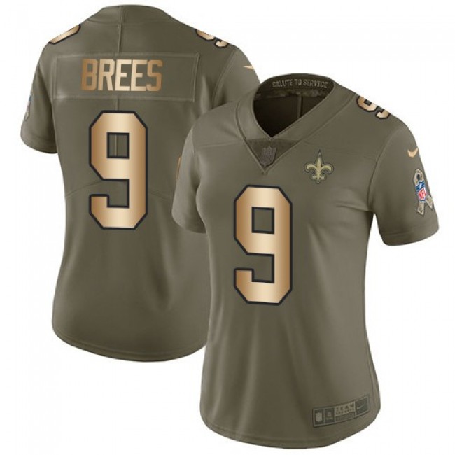 Women's Saints #9 Drew Brees Olive Gold Stitched NFL Limited 2017 Salute to Service Jersey