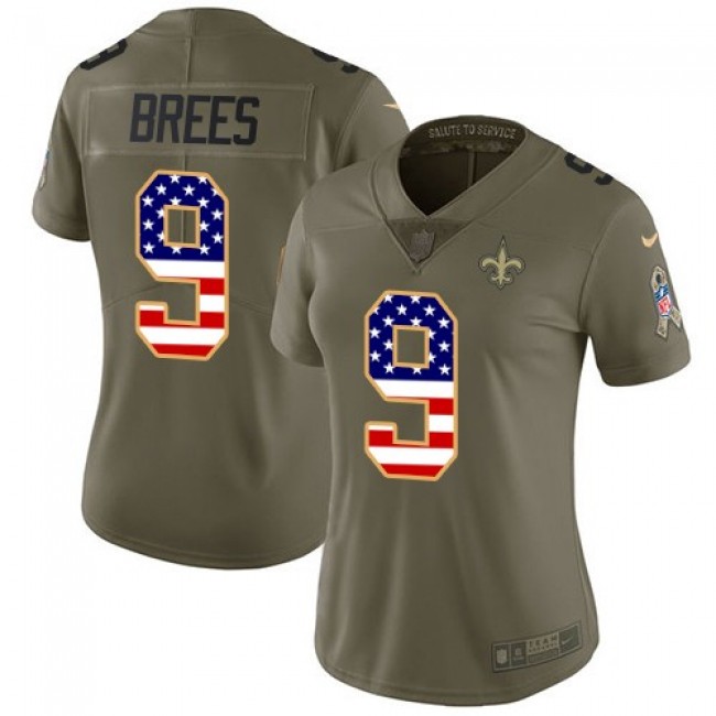 Women's Saints #9 Drew Brees Olive USA Flag Stitched NFL Limited 2017 Salute to Service Jersey