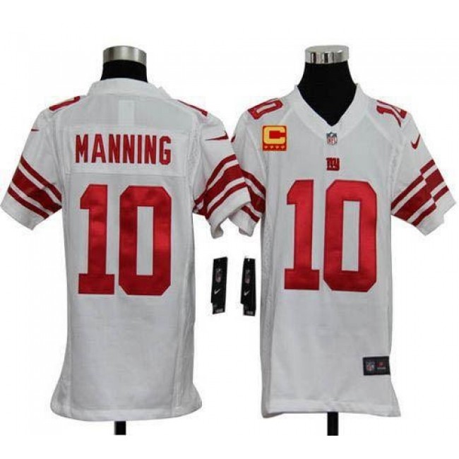 New York Giants #10 Eli Manning White With C Patch Youth Stitched NFL Elite Jersey