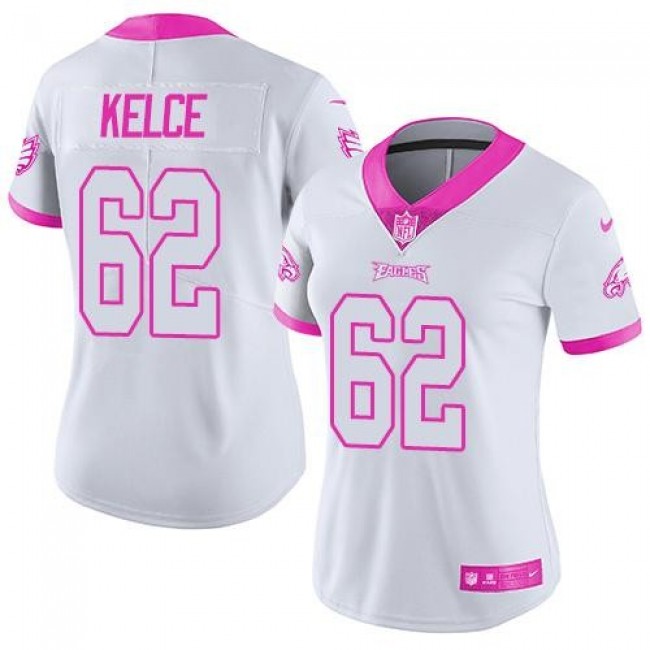 Women's Eagles #62 Jason Kelce White Pink Stitched NFL Limited Rush Jersey