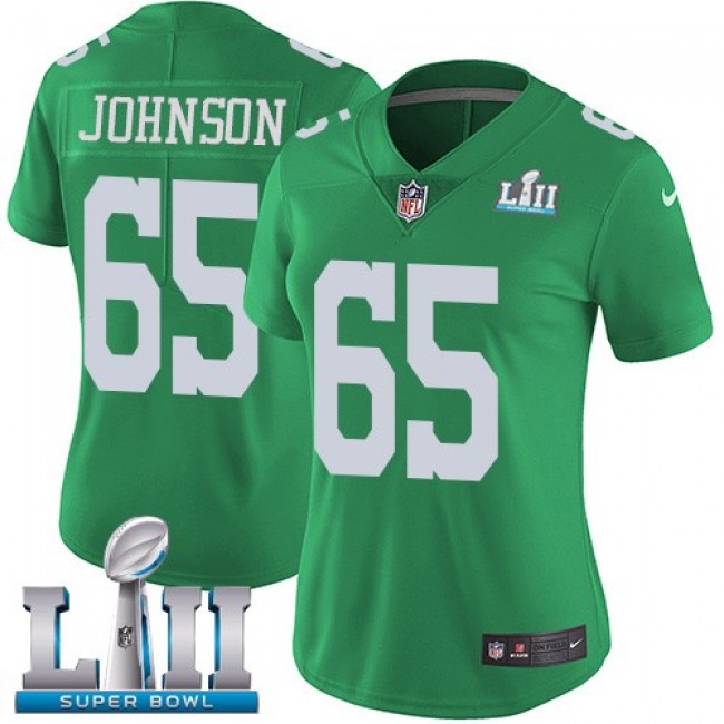 Women's Eagles #65 Lane Johnson Green Super Bowl LII Stitched NFL Limited Rush Jersey