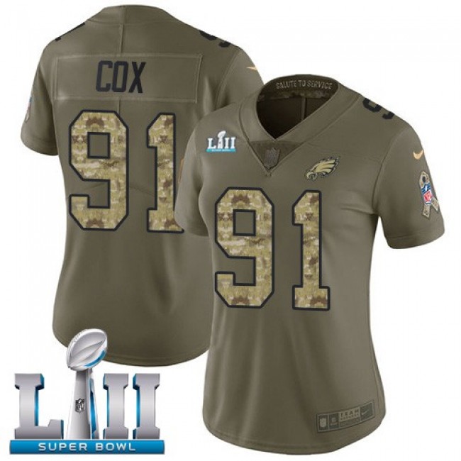 Women's Eagles #91 Fletcher Cox Olive Camo Super Bowl LII Stitched NFL Limited 2017 Salute to Service Jersey