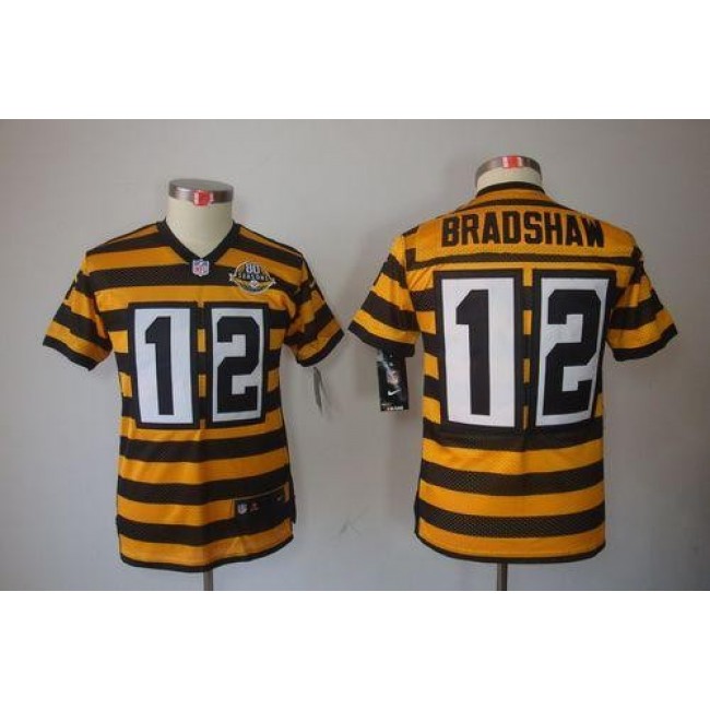 Pittsburgh Steelers #12 Terry Bradshaw Black-Yellow Alternate Youth Stitched NFL Limited Jersey