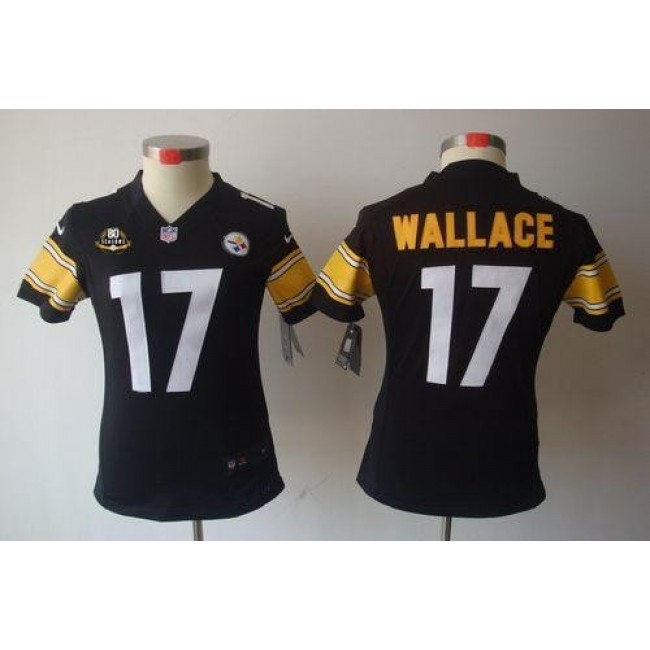 Women's Steelers #17 Mike Wallace Black Team Color With 80TH Patch Stitched NFL Limited Jersey