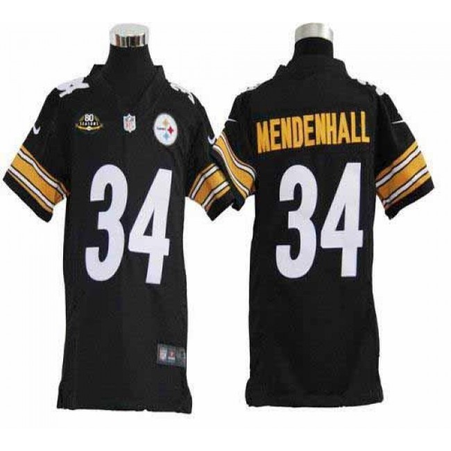 Pittsburgh Steelers #34 Rashard Mendenhall Black Team Color With 80TH Patch Youth Stitched NFL Elite Jersey