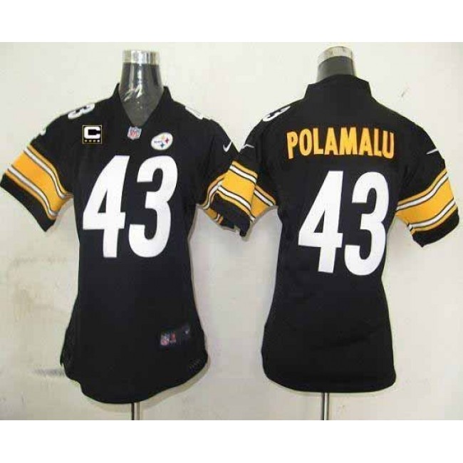 Women's Steelers #43 Troy Polamalu Black Team Color With C Patch Stitched NFL Elite Jersey
