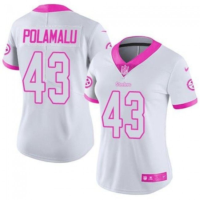 Women's Steelers #43 Troy Polamalu White Pink Stitched NFL Limited Rush Jersey