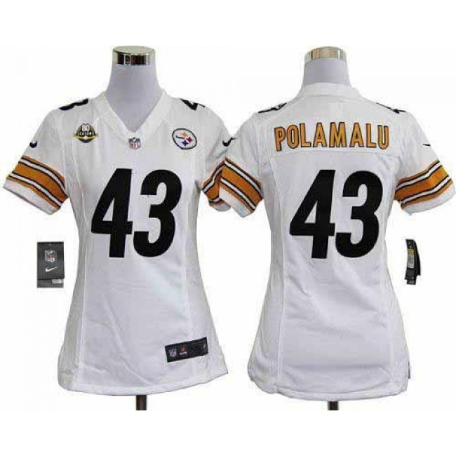 Women's Steelers #43 Troy Polamalu White With 80TH Patch Stitched NFL Elite Jersey