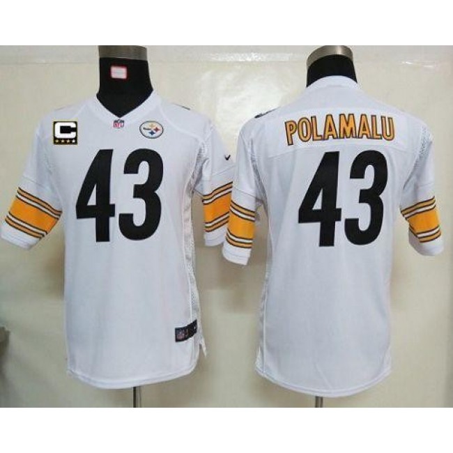 Pittsburgh Steelers #43 Troy Polamalu White With C Patch Youth Stitched NFL Elite Jersey