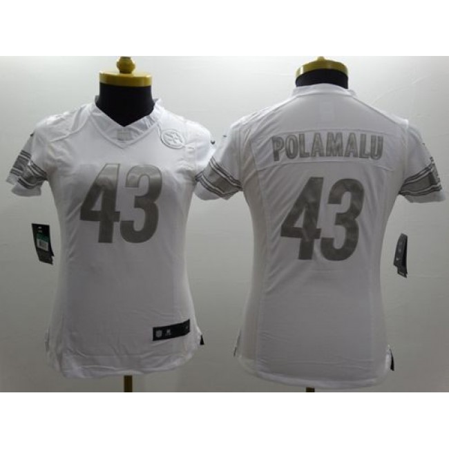 Women's Steelers #43 Troy Polamalu White Stitched NFL Limited Platinum Jersey