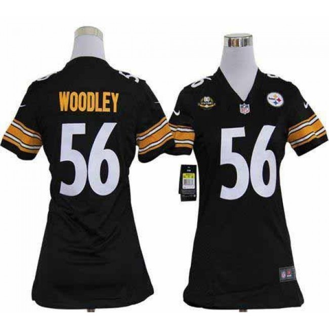 Women's Steelers #56 LaMarr Woodley Black Team Color With 80TH Patch Stitched NFL Elite Jersey