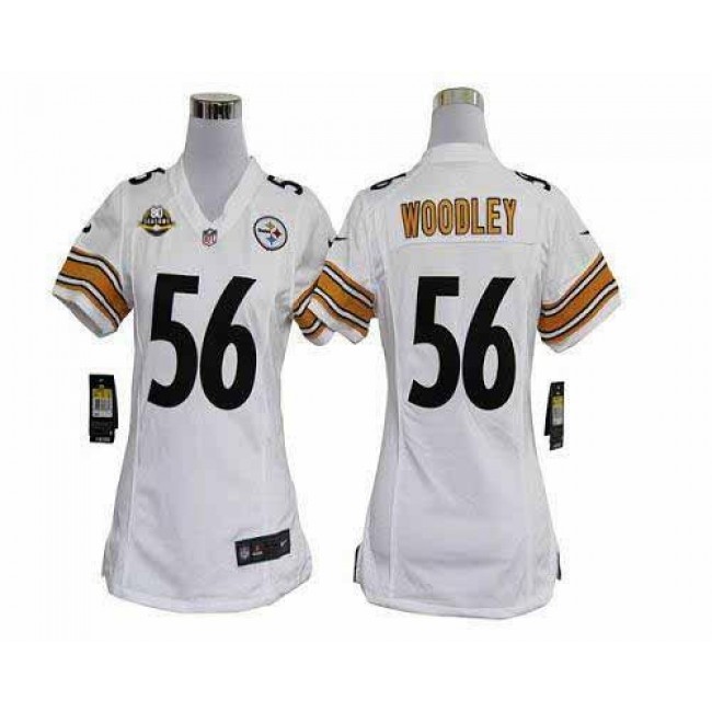 Women's Steelers #56 LaMarr Woodley White With 80TH Patch Stitched NFL Elite Jersey