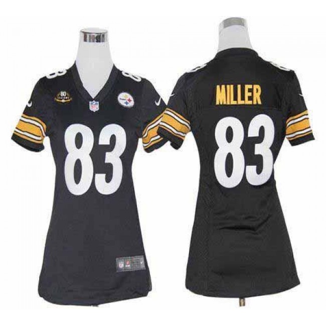Women's Steelers #83 Heath Miller Black Team Color With 80TH Patch Stitched NFL Elite Jersey