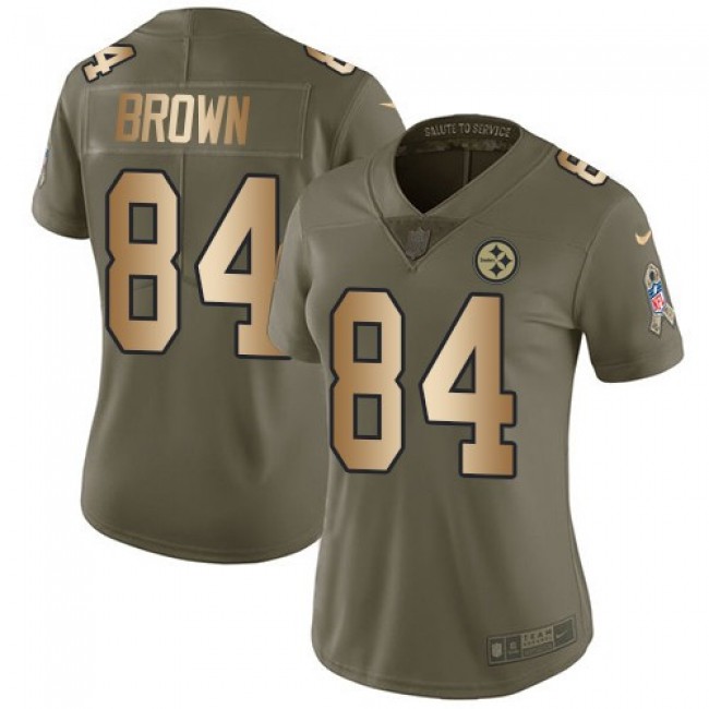 Women's Steelers #84 Antonio Brown Olive Gold Stitched NFL Limited 2017 Salute to Service Jersey
