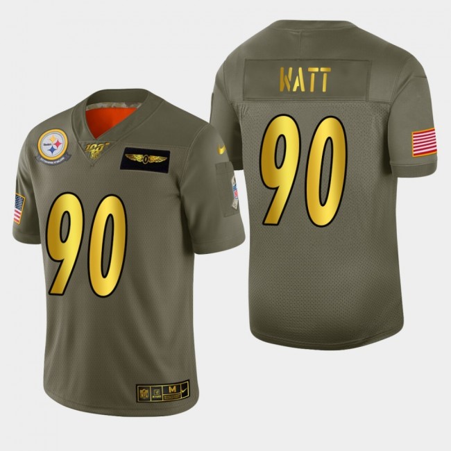 Nike Steelers #90 T.J. Watt Men's Olive Gold 2019 Salute to Service NFL 100 Limited Jersey